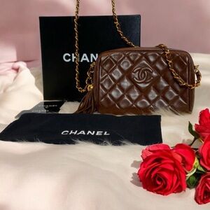 Chanel Brown Quilted fringe Small bag, box, dust bag and Auth Card